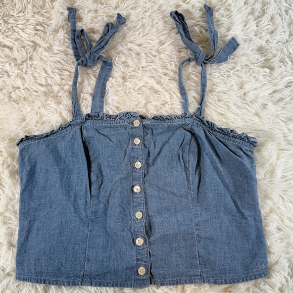 Levi's Denim Ruffle Tie Strap Button Front Crop Top Medium Boho Western Y2K Sexy - Picture 1 of 11